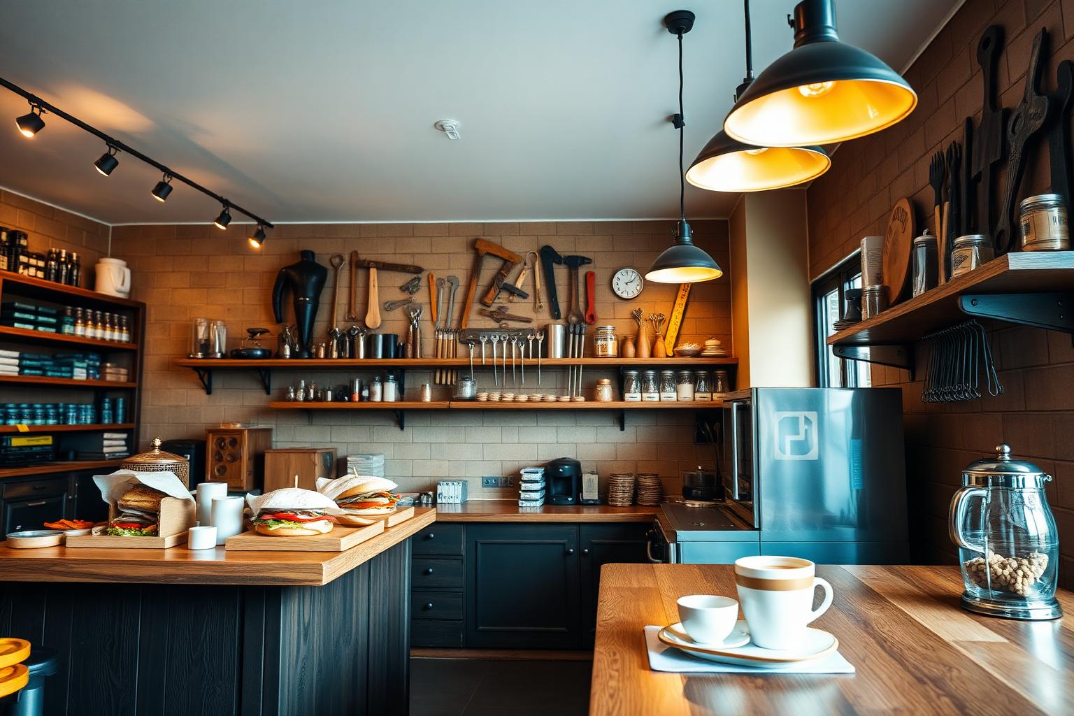 The Hardware Cafe interior with warm wooden counter and fresh sandwiches